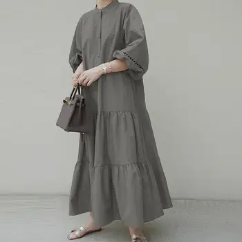 Ir 2021. Pavasara Sievietes Ruffles Kleitas ZANZEA Modes Puff Piedurknēm Maxi Vestidos Gadījuma Cieto O-veida kakla Ilgi Sundress Svētku Drēbes S-5XL
