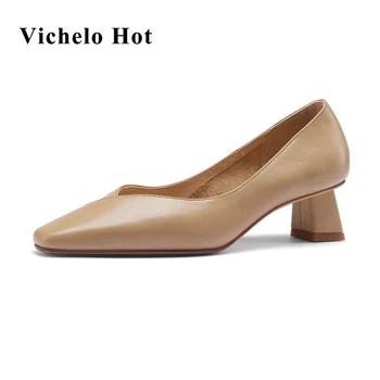 Vichelo Karstā īstas ādas kvadrātveida kājām med papēža lakonisks stils trīs krāsas skaistumu dāma iepazīšanās paslīdēt uz sekla sieviešu sūkņi L18