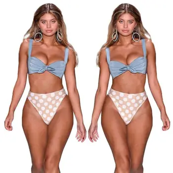 2018 Jaunas Sievietes Bikini Komplekts Pārsējs lenta Peldkostīmu Push-up Polsterējumu Peldkostīmi augsta vidukļa peldkostīms punkti drukas beachwear biquini