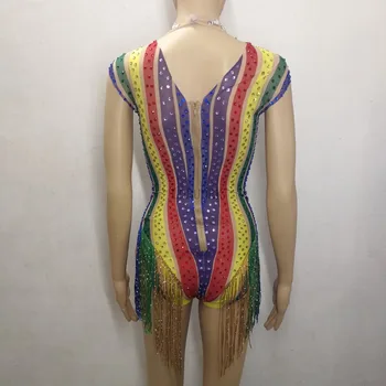 Krāsains Svītrains Pušķi Rhinestones Bodysuit Sexy Skatīt caur Sietu Piedurknēm Catsuit Naktsklubs, Bārs Sieviešu kārtas Dziedātāja Skatuves Tērpi