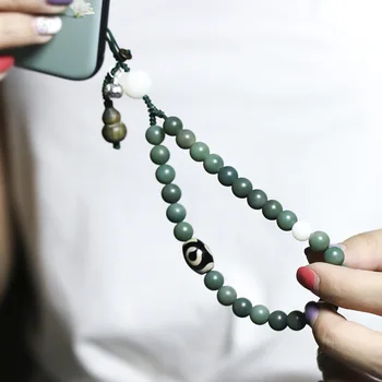 Weathered zaļā bodhi saknes mobilo telefonu ķēdes sākotnējo Yinleather bodhi noņemams mobilā tālruņa siksniņa etniskā vējš, kas karājas rokas