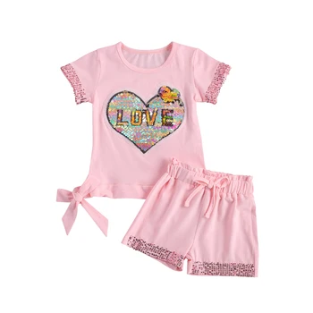 OPPERIAYA 2gab Baby Meitenes Ikdienas Tērps Apaļu Kakla Īsām Piedurknēm Vizuļi Sirds Print T-krekli tīrtoņa Krāsu Elastīgi Šorti Ikdienas Dzīvē