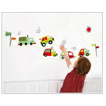 Karikatūra Automašīnas Sienas Uzlīmes Bērniem Istaba rotaļu istaba Koku Taka Autobusu Vinila Bērnu Guļamistaba Dekorēšana Decal pašlīmējošās Murals