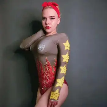 Sexy Uguns Modelis Akmeņi Leotard Kostīmu Dziedātāja Sexy Rhinestones Bodysuit Naktsklubs Apģērbs Personu Valkāt Stiept Apģērbs DT1563