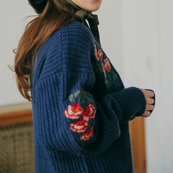 Retro ziedu drukāt izšuvumi visu maču džemperis termperament vieglas trikotāžas svītrainu džemperi modes šiks streetwear ziemas jaunas