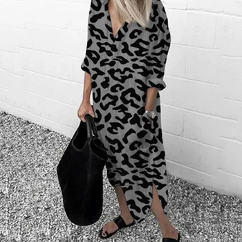 Femme Drēbes Vestidos Plus Lieluma garām Piedurknēm Leopards Drukāt Kleitas, Sieviešu Rudens Zaudēt Kabatas Plānas V-veida kakla Sadalīts Gadījuma Pludmales Kleita