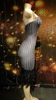 Melns Spalvu Mirdzēt Rhinestones Sieviešu Sexy viengabala Kleita Parādīt Dziedātāja Deju Kostīmu Naktsklubs Mūsdienu Sniegumu Apģērbs DJ