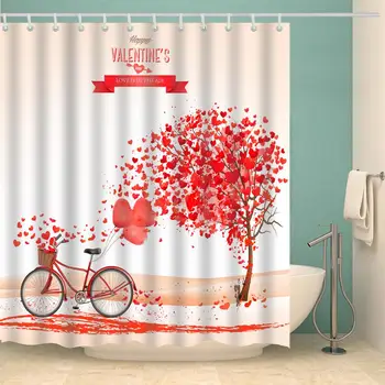 Valentīna Diena Dušas Aizkars Mīlestības Koku Velosipēds Modes Pirts Piederumi ar 12 Āķi Ūdensizturīgu Poliestera Audumu, Vannas istaba Dekori