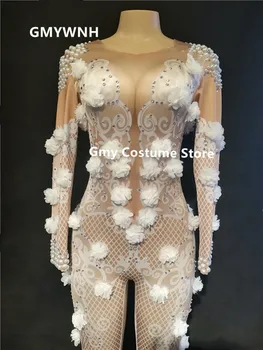 K19 White flower pole deju tērpi posmā nēsā bodysuit dj sieviešu jumpsuit seksīgs apģērbs catwalk balles balles kleitas klubu apģērbs