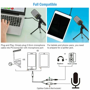 Kondensatoru Mikrofons, 3.5 mm Plug Mājas Stereo MIKROFONS Desktop Statīvu PC Video, Skype, Dziedāt Čatā Spēļu Podkāstu Ierakstīšanas