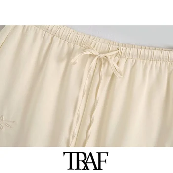TRAF Sieviešu Šiks Modes Mežģīņu apdari Izšūti Šorti Vintage Augsti Elastīgs Viduklis Aukliņu Sieviešu Īsās Bikses Mujer