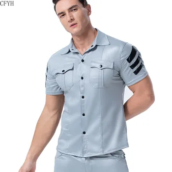 Vīrieši Undershirts Geju Mākslīgās Ādas Kabatas Krekls Saspringts Īsām piedurknēm Slapjš Izskatās, Apakškrekls Vienotu Deju Klubs Valkāt Tērpu