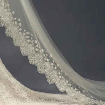 2016 jaunas Mežģīnes līgavas plīvuru white / ivory 3m garš Līgavas plīvuru mantilla plīvuru kāzu aksesuāri Līgava ar mežģīnēm pērļu ziedi