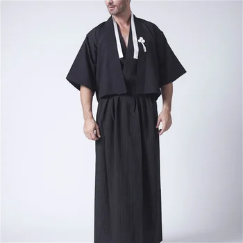 Vīrieši Japāņu Kimono Yukata Uzstādīt Drēbes Kleita Masku Cosplay Kostīmu Retro Melns Balts Komplekts 904-B316