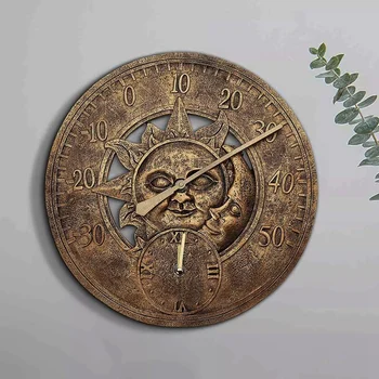 Sveķu Sienas Pulkstenis ar Termometru, Dārzs, Āra Apdare, Mājas Iekštelpu Ūdensizturīgs Sienas Stacijas Pulkstenis Saules un Mēness Tēmu