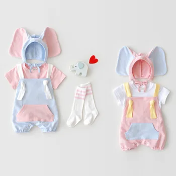 Gudrs Kokvilnas Romper Kopumu Apģērbu Zilonis Dizaina Dzīvnieku Stila Piedurknēm Baby Boy Meitene Bodysuits Brīvdienu Strape Bērniem Tērpiem+cepure