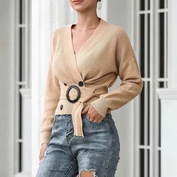 Sieviešu Pavasara Rudens Gadījuma divrindu adīt īss džemperis vienkrāsainu Modes Topi