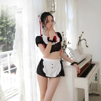 Japāņu Seksīga Kalpone Cosplay spēlē apģērbs Kostīms, Melns Caurspīdīgs Apakšveļas Kalps Klasiskā Kārdinājumam Vienotu Lelle Uzstādīt 142