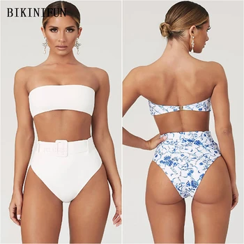 2020 Jaunu Sexy Strapless Lenta Peldkostīmu Josta Peldkostīmi Tīrtoņa Krāsu Beachwear S-L Meitene Augsta Vidukļa Peldkostīms Bikini Komplekts