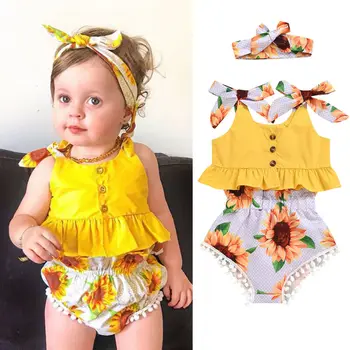 MUMS Saulespuķu 3PCS Kultūraugu Top Pušķis Bikses Bērniem, Baby Toddler Meitene Apģērbs Apģērbs