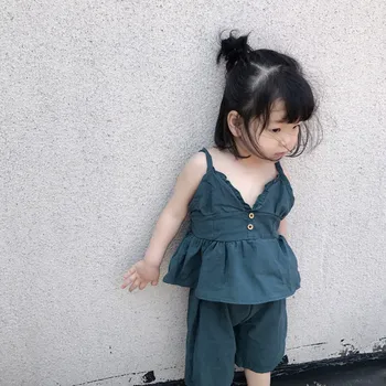 Toddler Meitene Apģērbs noteikts Vasaras Gadījuma Bērniem 2pc Tērpiem Kokvilnas Backless Linga Top+Elsas 1-5T korejas Modes Bērnu Komplekti