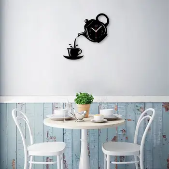 CSS Radošo Diy Akrila Kafijas Tasi Tējkanna 3D Sienas Pulkstenis Dekoratīvās Virtuves Sienas Pulksteņi viesistaba, Ēdamistaba Mājas Dekoru Pulkstenis