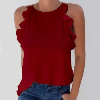 Sieviešu Dāmas Puse Vasaras Šifona Topi Cieta Tvertne Modes Bez Piedurknēm Pavada Blūzes T Krekls Ar Apaļu Kakla Gadījuma