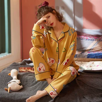 Dāma Mājās Modes Apģērbu Jauno Sieviešu Pidžamas Komplekts Kokvilnas Iespiesti Pyjama garām Piedurknēm Savukārt Apkakle Krāsains Sleepwear