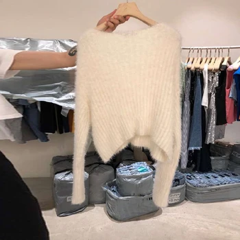 A mohēra džemperis sievietēm būs brīva piegriezuma ar jaunu rudens korejas īss džemperis adīt augšu
