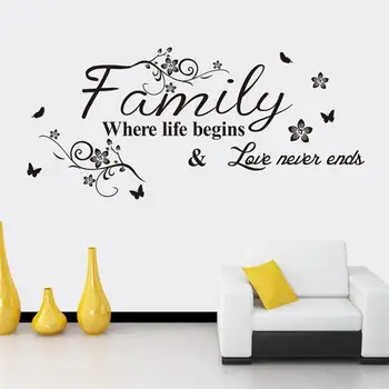 Ģimenes, Kur Dzīve Sākas Mīlestība Nekad nebeidzas quote mājas dekoru, sienas uzlīmes/kāzu Flora Tauriņš apdare, romantiskā māksla