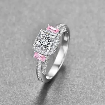BONLAVI 925 Sterling Sudraba gredzens Galvenais akmens 6*6 mm balts zircon rozā zircon gredzens Elegants Sieviešu Kāzu Saderināšanās Rotaslietas