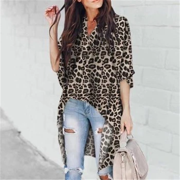 Rudens Plus Lieluma Pusi Plats Piedurkņu Sievietes Nelegālo Elegants Krekls Zaudēt Leopard V-Veida Kakla Šifona Krekli Modes Sprint Blūze Augšu