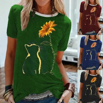 Vasaras Sieviešu Modes Saulespuķu kaķis Estētisko T-krekls ar Īsām Piedurknēm Mīksta Poliestera Melns T-krekli Izdrukas T футболки