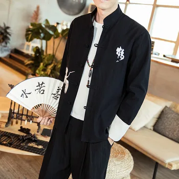 2020. gadam Jauna, Ķīniešu Stila Vīriešu Tops Tang Uzvalks, Veļa ar garām Piedurknēm Tradicionālais Kung Fu Celtņa Ķīna Stila Hanfu Krekls Plus Izmērs M-5XL
