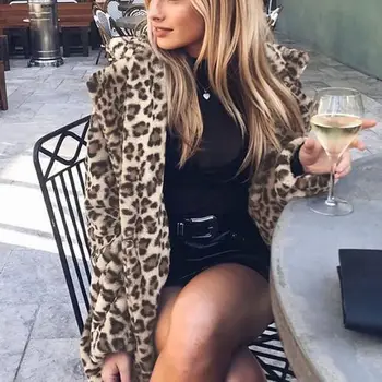 Silts Sexy Leopards Drukāt Mētelis Modes Garām Piedurknēm Virsdrēbes 2019 Sieviešu Ziemas Mākslīgās Kažokādas Atloks Mētelis