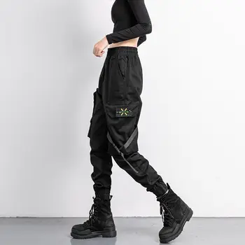 Sieviešu Modes Streetwear Kravas Bikses Melnā Potītes Garums Elastīgs Viduklis Joggers Sieviešu Brīvs Bikses Gadījuma Sieviešu Harēma Bikses