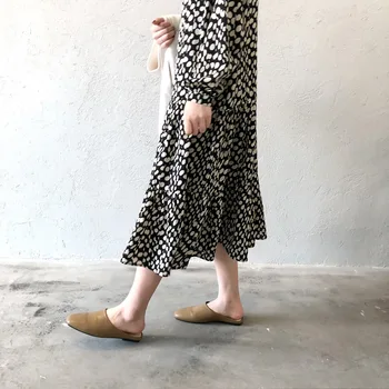 Modes Sievietes Drukāt Midi Kleita Ar Garām Piedurknēm Dāmas Vintage Šifona Kleita Augstas Kvalitātes