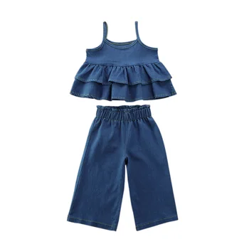 2020. gada Vasaras Baby Toddler Meitene Džinsa Apģērbu 1-6Y Gadījuma Savirmot Veste Top Mini Kleita+ Plaša Kāju Bikses Tērpiem 2pcs Set Bērniem