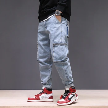 Korejas Modes Stila Vīriešu Džinsi Loose Fit Vairāku Lielu Kabatas Gadījuma Harēma Bikses Augstas Kvalitātes Streetwear Hip Hop Plaša Kāju Bikses