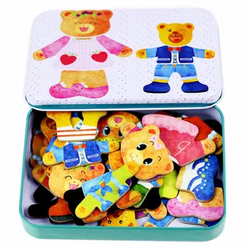 Bērniem Dzelzs kaste magnētisko koka lācis, mainot drēbes, divi lāči maiņa jigsaw puzzle, bērnu izlūkošanas koka Puzzle rotaļlietas