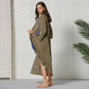Ir 2021. jaunu sieviešu smagā rūpniecība ziedu izšuvumi armijas zaļā kimono Bohēmijas jaka svārki
