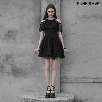 Gothic sieviešu Dobi no pleca šifona mežģīņu piedurknēm kleita stilīgs melns pavada kakla vasaras seksīga klubu kleita PUNK RAVE OPQ-307LQF