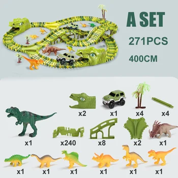 Dinozauru Sacīkšu Trases Dzelzceļa Automašīnu Rotaļlietas DIY Līkumu Elastīgu Trase Flash Vieglās Automašīnas, Dzelzceļa Izglītojošas Rotaļlietas Zēniem Dāvanas