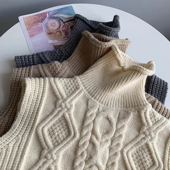 Augstu uzrullētu apkakli cietā vintage džemperis topi pavasara gadījuma sieviešu trikotāžas veste bez piedurknēm twist
