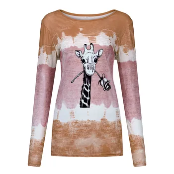 Sieviešu T Krekls Rudens Gadījuma Žirafe Drukāt Ilgi, T-krekli, O-veida kakla garām Piedurknēm Mīksti Džemperi, Topi Modes lielgabarīta Chemise Mujer