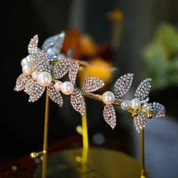 NiuShuya Princese Līgavas Hairband Sudraba Krāsā Lapu Pērļu Kāzu Headpiece Roku Darbs Sievietes Puses Balli Galvas Matu Jewelries