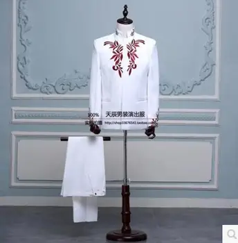 KARSTĀ Jauns (uzvalks+bikses) vīriešu apģērbu izšūšana Ķīnas tunika uzvalks komplekts vīriešu kārtas dziedātājs uzņēmēja skatuves tērpiem Formālu Kleita S-XXL