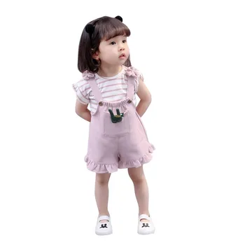 Vasaras Bērnu Meitene Drēbes, Uzstādīt Modes Svītrains T-krekls ar Multfilmas kombinezoni ar Cute Baby Apģērbu Komplekts Kokvilnas T-krekls Meitenēm Apģērbu Komplekts