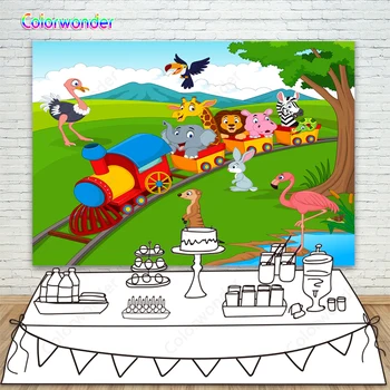 Colorwonder Backdrops par Fotogrāfiju, Dzīvnieku Zoon Sarkanais Vilciens Meža Fona Bērniem Puses Pielāgotus Bērnu Istabas Sienas Fonu