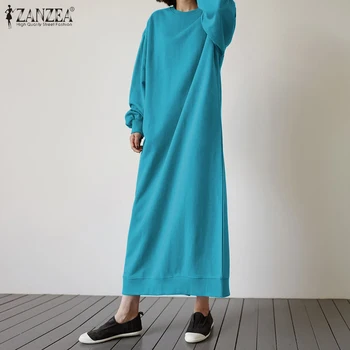 Modes Krekls Kleita Sieviešu Rudens Puloveri ir 2021. ZANZEA Gadījuma garām Piedurknēm Maxi Vestidos Sieviešu Atpakaļ Sadalīt Hoodies Drēbes